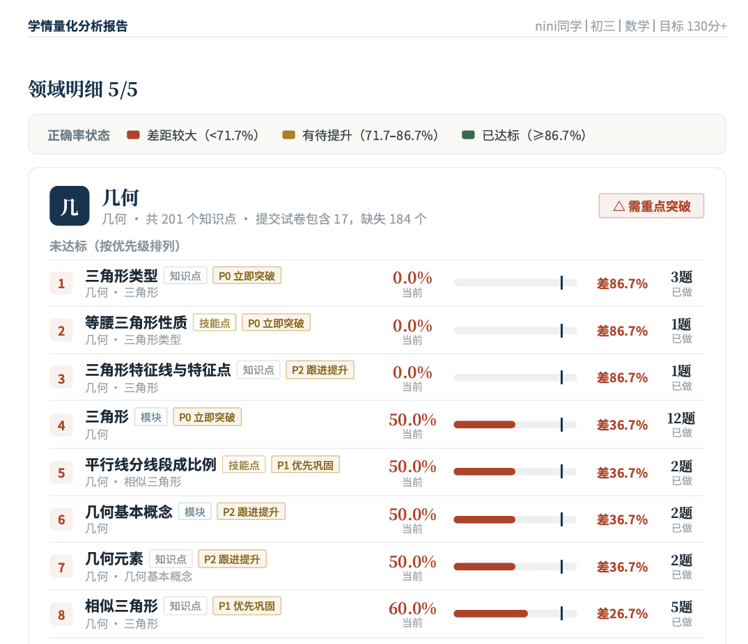 专属分析报告实页：几何领域达标明细